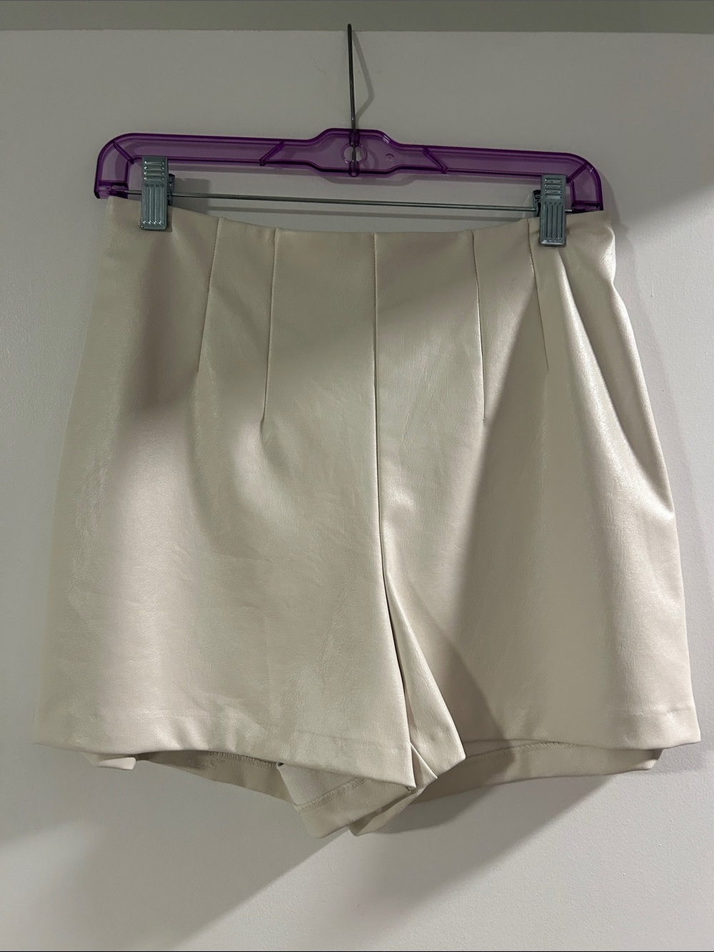 Express Cream High-Waist Pleated Faux Leather Dress Shorts